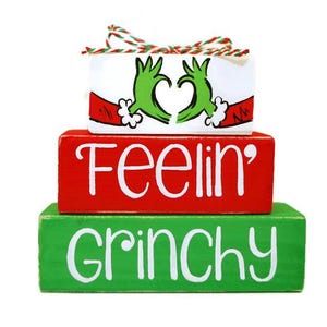 Grinchy Christmas Wooden Block Shelf Sitter Stack