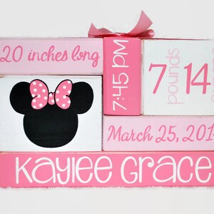 Minnie Mouse Inspired Baby Birth Stat Nursery WoodenBlock Shelf Sitter Stack