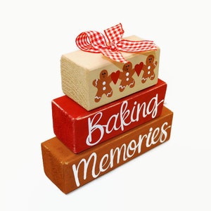 Christmas Gingerbread Baking Memories WoodenBlock Shelf Sitter Stack Traditions, Gift Exchange, Mantel, Office, Desktop, Tiered Tray image 3