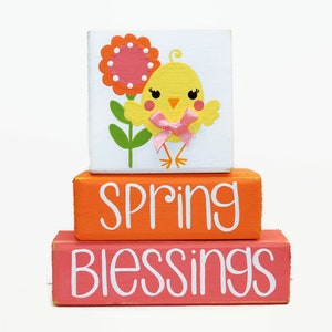 Spring Blessings Chick WoodenBlock Shelf Sitter Stack, Tiered Tray, Office, Mantel, Small Gift, Housewarming