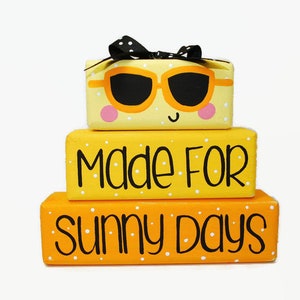 Made for Sunny Days – Bright Handmade Summer Décor Stackable Blocks, Painted Sun & Sunglasses Kitchen Shelf Art