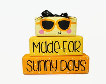 Summer Sunshine Decor Sign WoodenBlock Shelf Sitter Stack Yellow Sunglasses Home