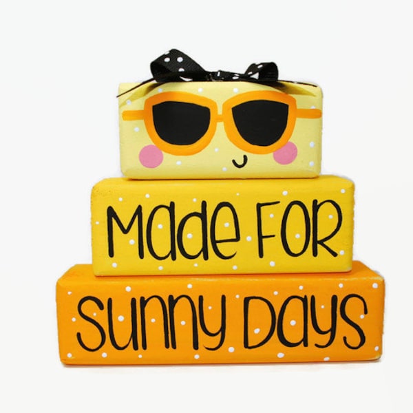 Summer Sunshine Decor Sign WoodenBlock Shelf Sitter Stack Yellow Sunglasses Home