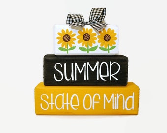 Summer Sunflower WoodenBlock Shelf Sitter Stack Decor Sign Tiered Tray Mantel Office