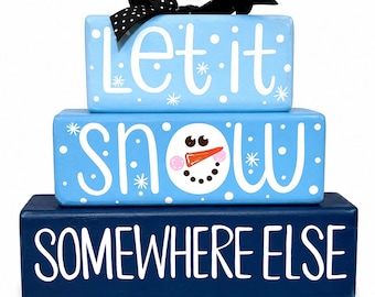 Snowflake Snowman Wooden Block Stack - Winter Shelf Sitter