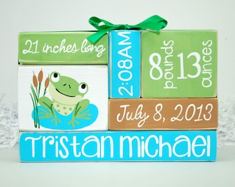 Custom Baby Birth Stats Frog Nursery WoodenBlock Shelf Sitter Stack