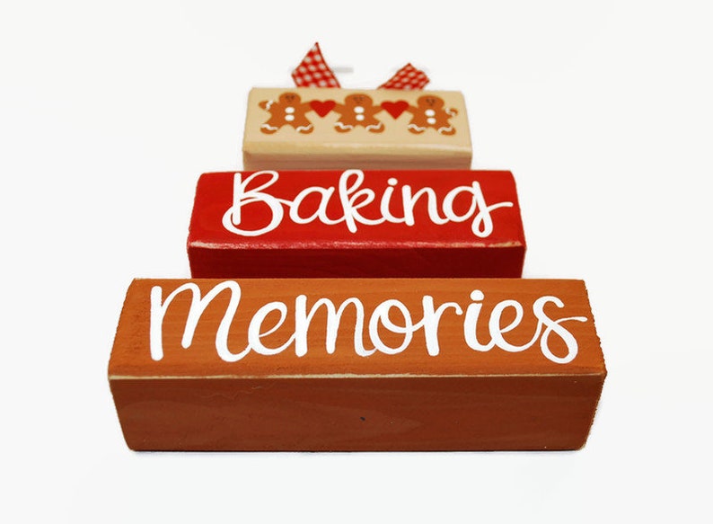 Christmas Gingerbread Baking Memories WoodenBlock Shelf Sitter Stack Traditions, Gift Exchange, Mantel, Office, Desktop, Tiered Tray image 4