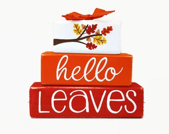 Fall Hello Leaves WoodenBlock Shelf Sitter Stack Red Orange Tiered Tray Office Sign Decor Mantel Desktop Small Gift Housewarming