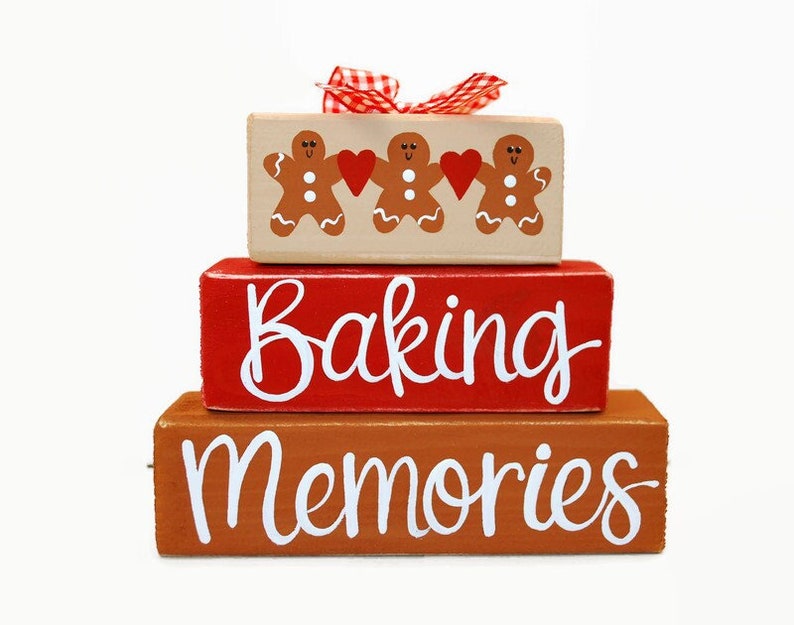 Christmas Gingerbread Baking Memories WoodenBlock Shelf Sitter Stack Traditions, Gift Exchange, Mantel, Office, Desktop, Tiered Tray image 1