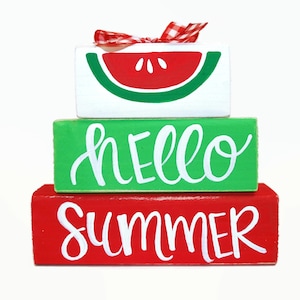 Jump Into Summer with Watermelon Hello Wooden Blocks for Office Mantel Shelf Stacked Blocks Décor Tiered Tray Mesh Wreath Addition Red Green