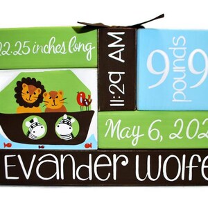 Noah’s Ark Baby Birth Announcement Wood Blocks – Custom Animal Nursery Shelf Decor – Personalized Newborn Stats Gift – Safari Name Blocks
