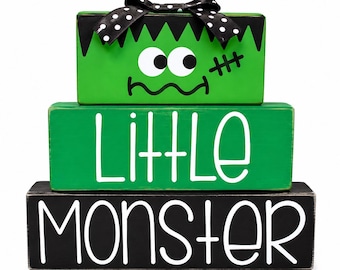 Little Monster Halloween Wood Block Sign, Frankenstein Tiered Tray Decor, Cute Halloween Shelf Sitter, Kids Spooky Season Decor