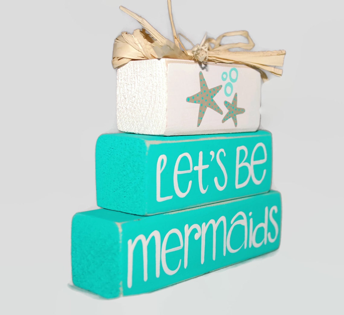 Lets Be Mermaids Beach Starfish Sealife Ocean Woodenblock Etsy