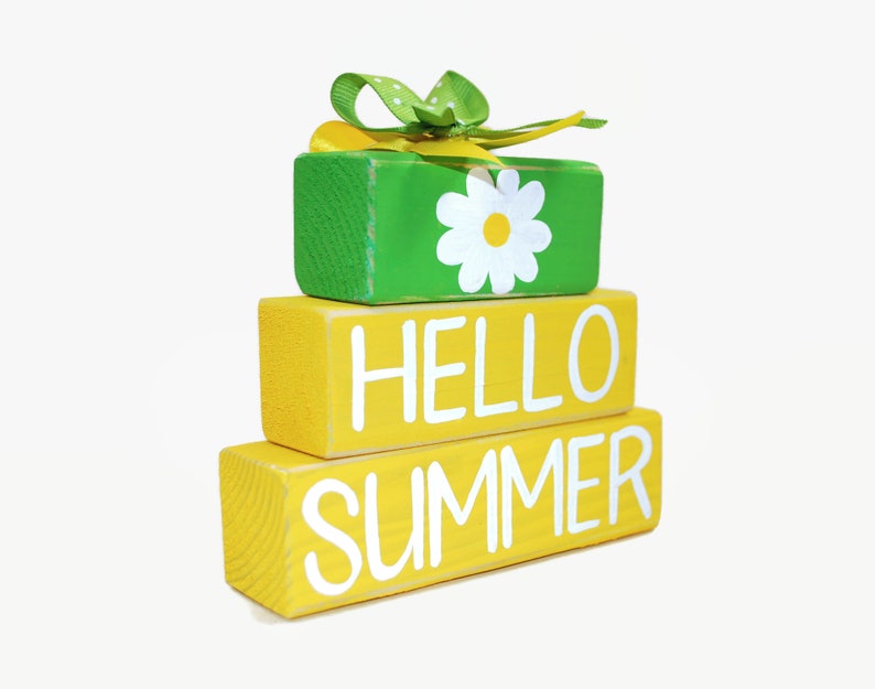 Daisy Hello Summer WoodenBlock Shelf Sitter Stack Desktop image 2