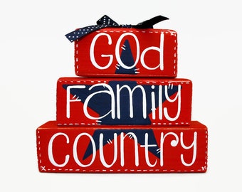 Independence Day Star July 4th God Family Country WoodenBlock Shelf Sitter Stack