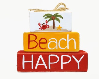 Summer Beach Happy WoodenBlock Shelf Sitter Stack Decor Sign Tiered Tray Gift Office Mantel