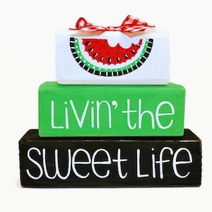 Living the Sweet Life Watermelon Wood Block Shelf Sitter | Summer Tiered Tray Decor | Picnic Kitchen Sign | Handmade Block Stack Office Gift