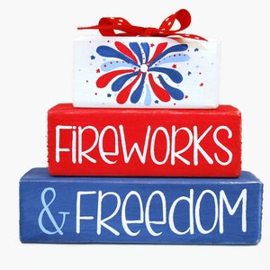 Freedom and Fireworks Wood Block Set – Patriotic Tiered Tray Decor – Red White Blue 4th of July Shelf Sitter – Hand Painted Firework Sign