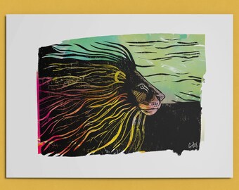 Lion Woodprint Painting: Rustic Wildlife Art Print