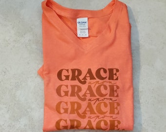 Grace upon Grace Heather Orange Woman's Cut V-Neck Medium T-Shirt