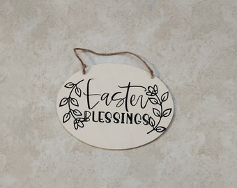 Small Linen White Oval Easter Blessings Hanging Sign