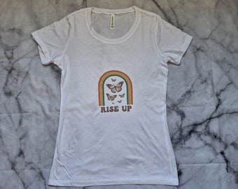 We Rise Unisex Tee with Butterflies and Rainbow, Bella and Canvas white shirt for woman