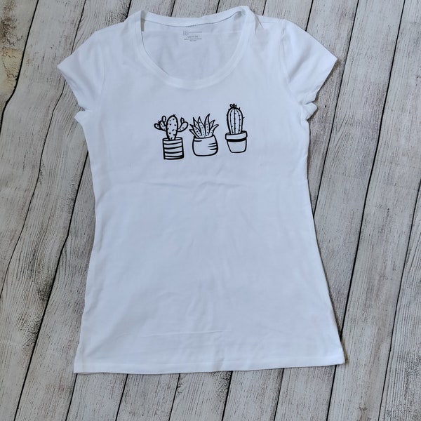 A Trio of Succulents BoHo Juniors Cut Large White T-Shirt, Size 11-13