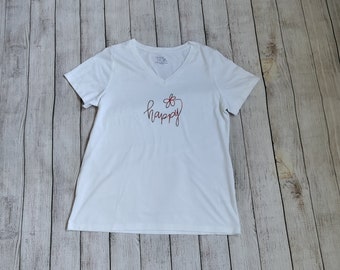 Burnt Orange Happy Shirt with Daisy, Woman's Medium White T-shirt