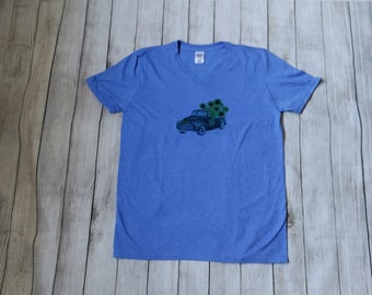 Heather Blue Unisex Medium T-shirt With a Pickup Truck Full of Sunflowers