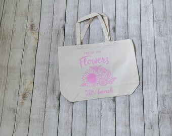 Pink Fresh Cut Flowers Jumbo 100 Percent Cotton Canvas Tote Bag 20"W x 15"H x 5"D