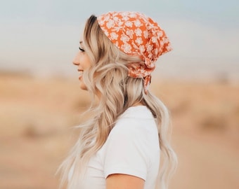 Orange Floral Hair Scarf, Cotton Boho Bandana, Lightweight Head Wrap, Summer Hair Accessory