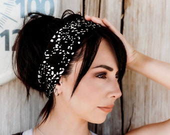Black Speckled Turban Headband | Twist Knot, Soft Stretch Hairband, Boho Accessory