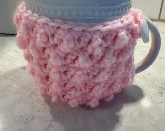 Crocheted Coffee Cozy – Pink Button Detail Reusable Cup Sleeve (Eco-Friendly)