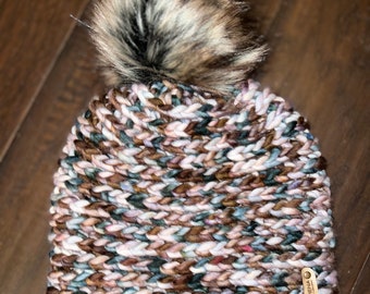 Hand Crochet Winter Beanie, 100% Merino Wool, Winter Hat, Handmade Beanie/Toque, Fake Fur Pom Pom
