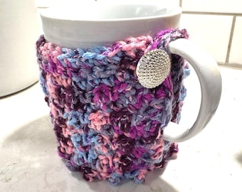 Handmade Purple Coffee Cup Cozy with Button | Bridesmaid Bridal Party Gift