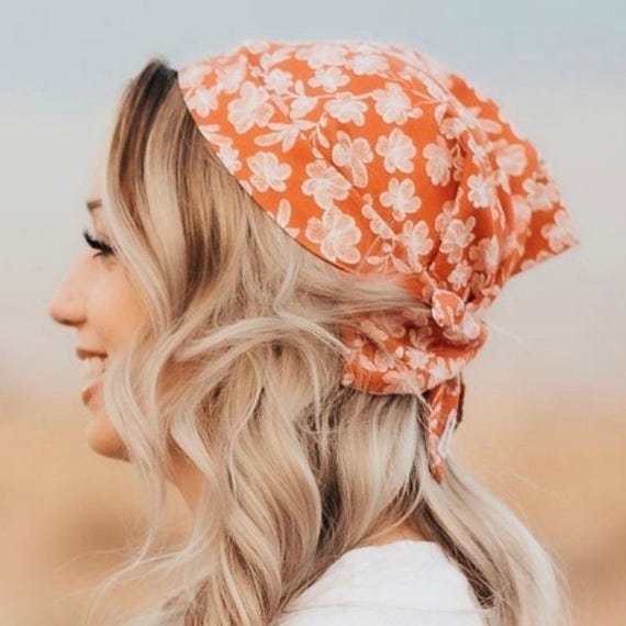 Orange Floral Hair Scarf, Cotton Boho Bandana, Lightweight  display picture 2