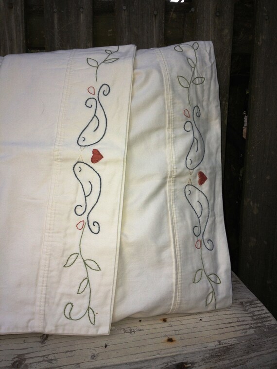 Items similar to Love Birds Hand Embroidered Pillow Cases on Etsy
