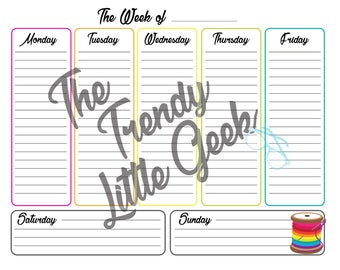 Digital Download: Rainbow Sewing Weekly Organizer Sheet, Printable Refrigerator or Studio calendar, Planner Page