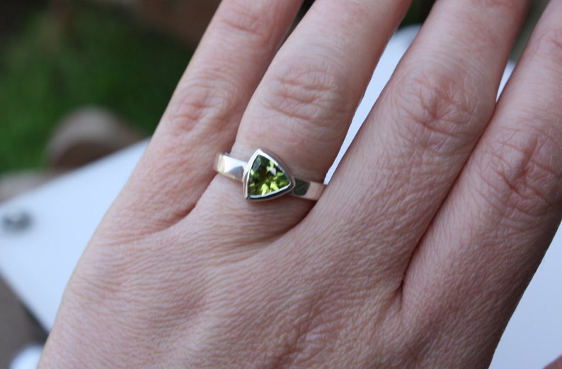 Trillion Cut Peridot Ring ~ Sterling Silver