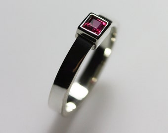 Square Cut Ruby Silver Ring - July Birthstone