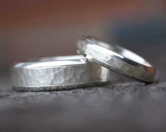 Matching Handmade wedding band/ring set - hammered and grooved two tone/texture finish