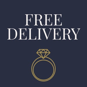 May include: White text on a dark blue background reads "FREE DELIVERY" with a gold outline of a ring with a diamond in the center.