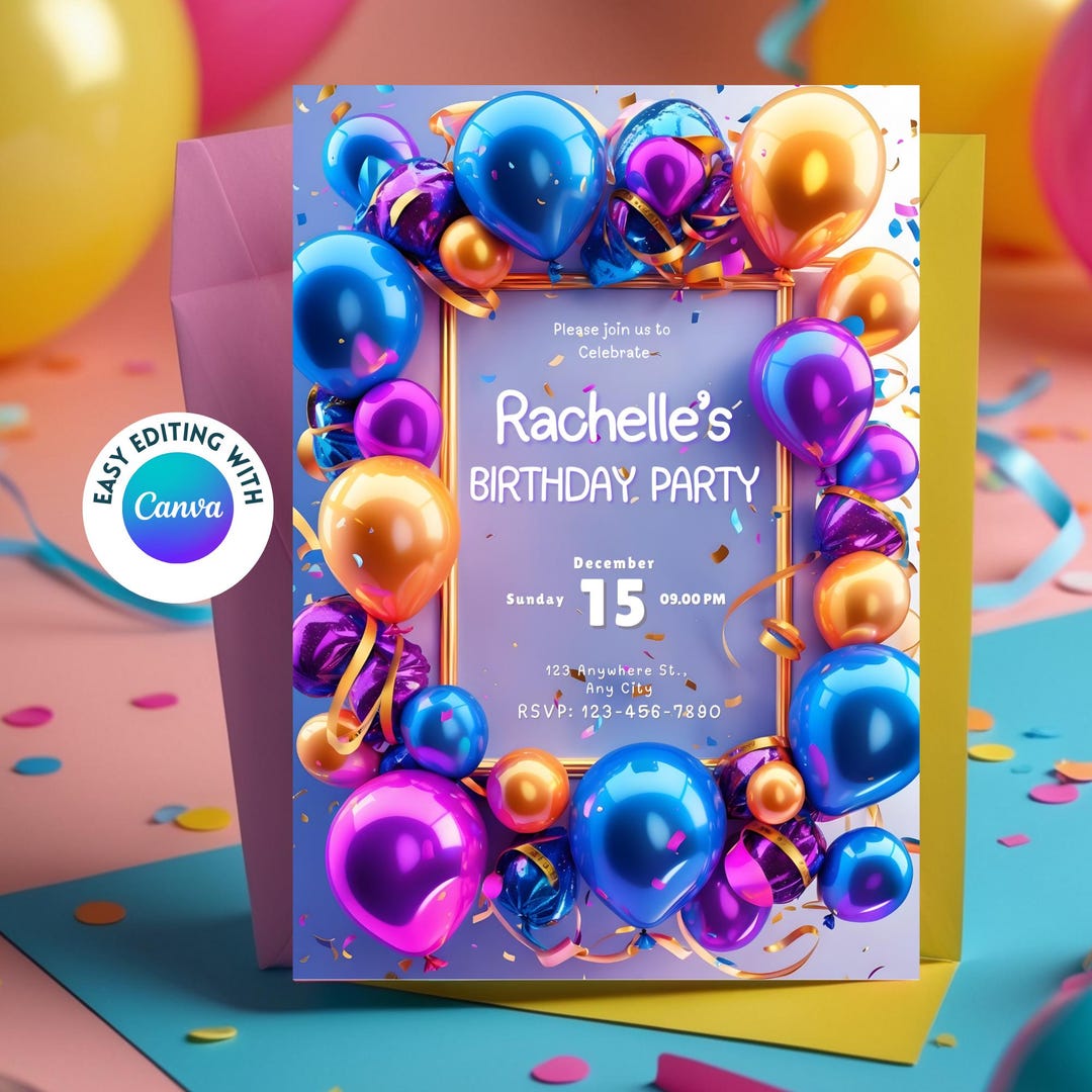 Editable Birthday Invitation Canva Template Digital Download Balloon ...