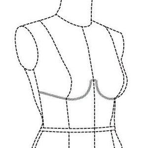 May include: A black and white line drawing of a woman's body with dashed lines outlining a corset and underwear pattern.