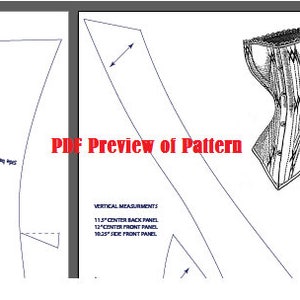 May include: A black and white line drawing of a corset pattern with measurements for the center back panel, center front panel, and side front panel. The measurements are in inches. The text "PDF Preview of Pattern" is written in red at the top of the image.