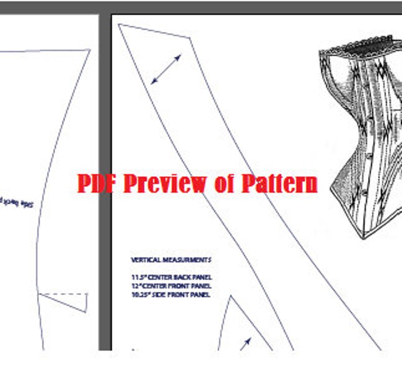 May include: A black and white line drawing of a corset pattern with measurements for the center back panel, center front panel, and side front panel. The measurements are in inches. The text "PDF Preview of Pattern" is written in red at the top of the image.