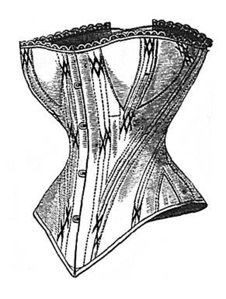 May include: A black and white illustration of a corset with a lace trim and a series of vertical and diagonal lines.