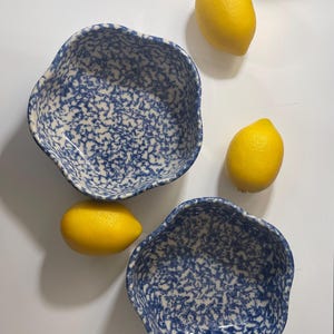 Set van 2 handgemaakte blauw-witte serveerschalen met spatwerk en aardewerk