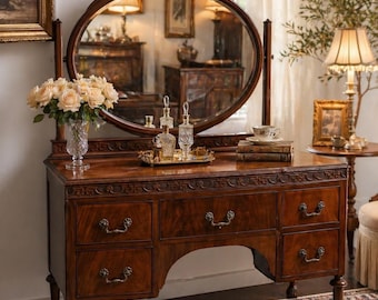 Elegant Antique Mahogany Vanity with Oval Mirror — Vintage Dressing Table / Entry Console