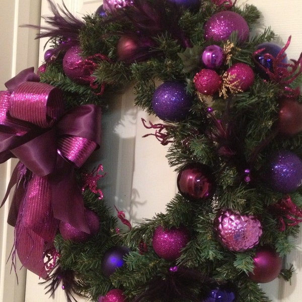 Purple Christmas Wreath Adorned with Feathers, Shatterproof Balls and More!  Beatiful layered bow